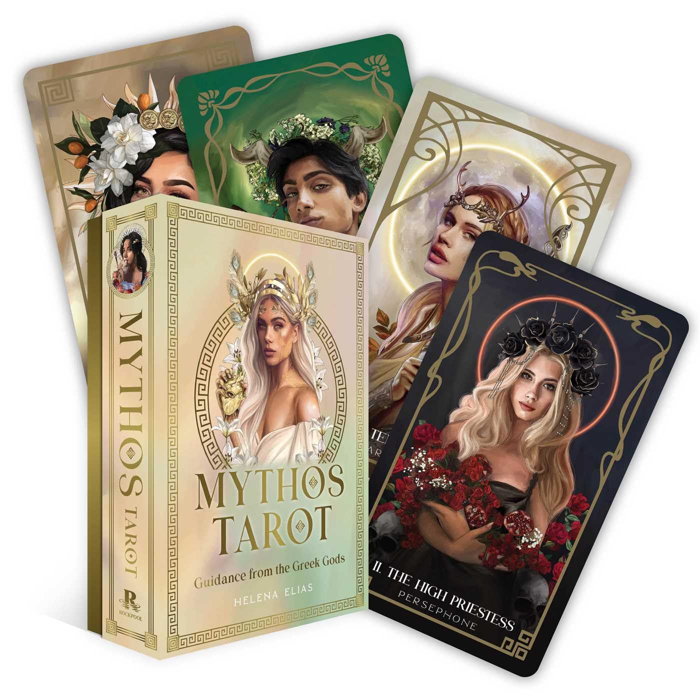 Mythos Tarot cards with a box featuring illustrations of women and the title 'Mythos Tarot'.