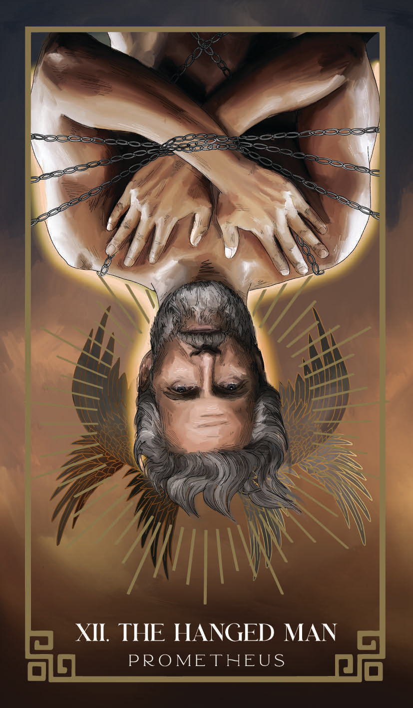 Tarot card featuring 'The Hanged Man' from Prometheus with a dark and mystical design.
