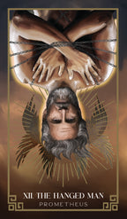 Tarot card featuring 'The Hanged Man' from Prometheus with a dark and mystical design.