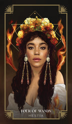 Card featuring a woman with floral headpiece and 'Four of Wands' text on a dark background