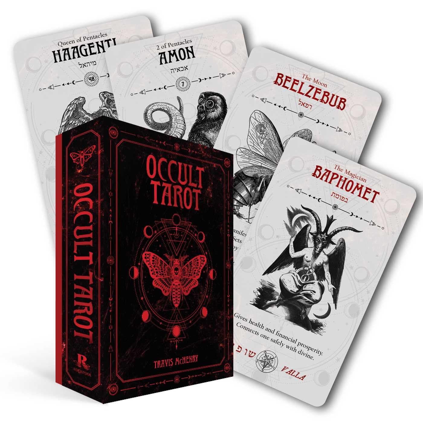 Occult Tarot cards with a black and red box on a white background