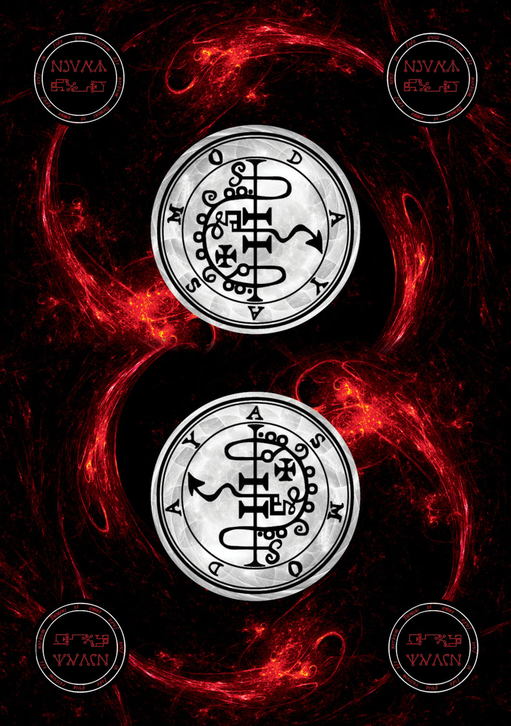 Two circular symbols with intricate designs on a dark background with red flames.