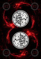 Two circular symbols with intricate designs on a dark background with red flames.