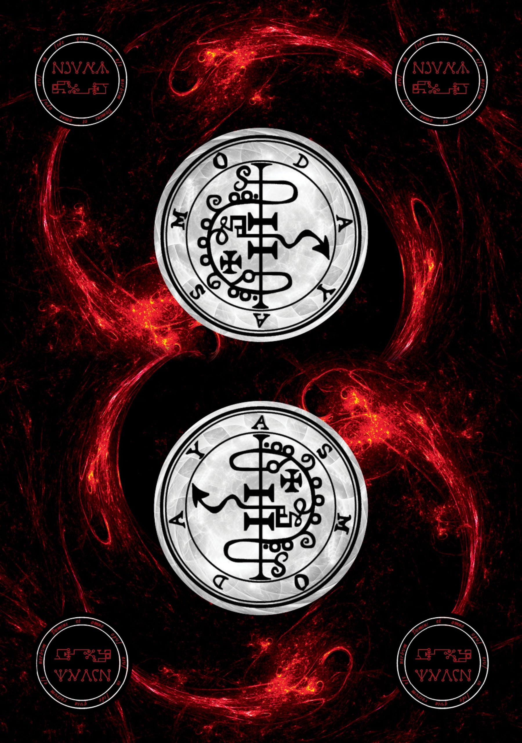 Two circular symbols with intricate designs on a dark background with red flames.