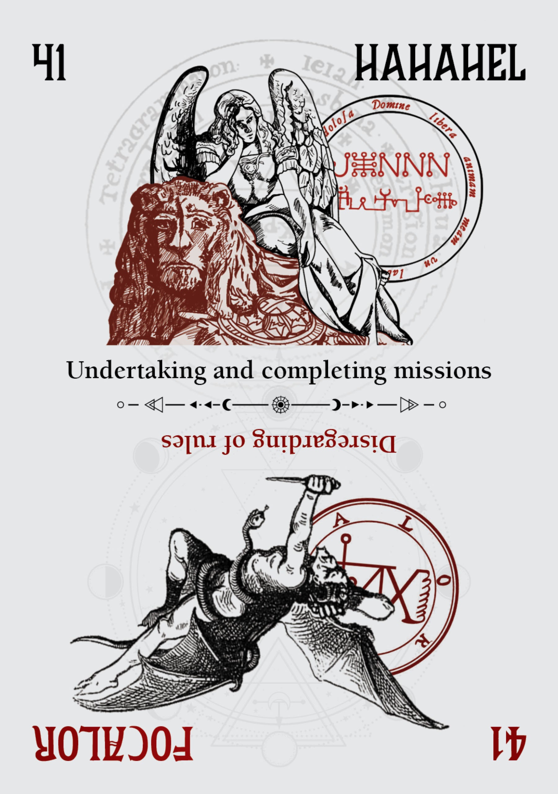 Illustration with angelic figure, lion, and text on a white background