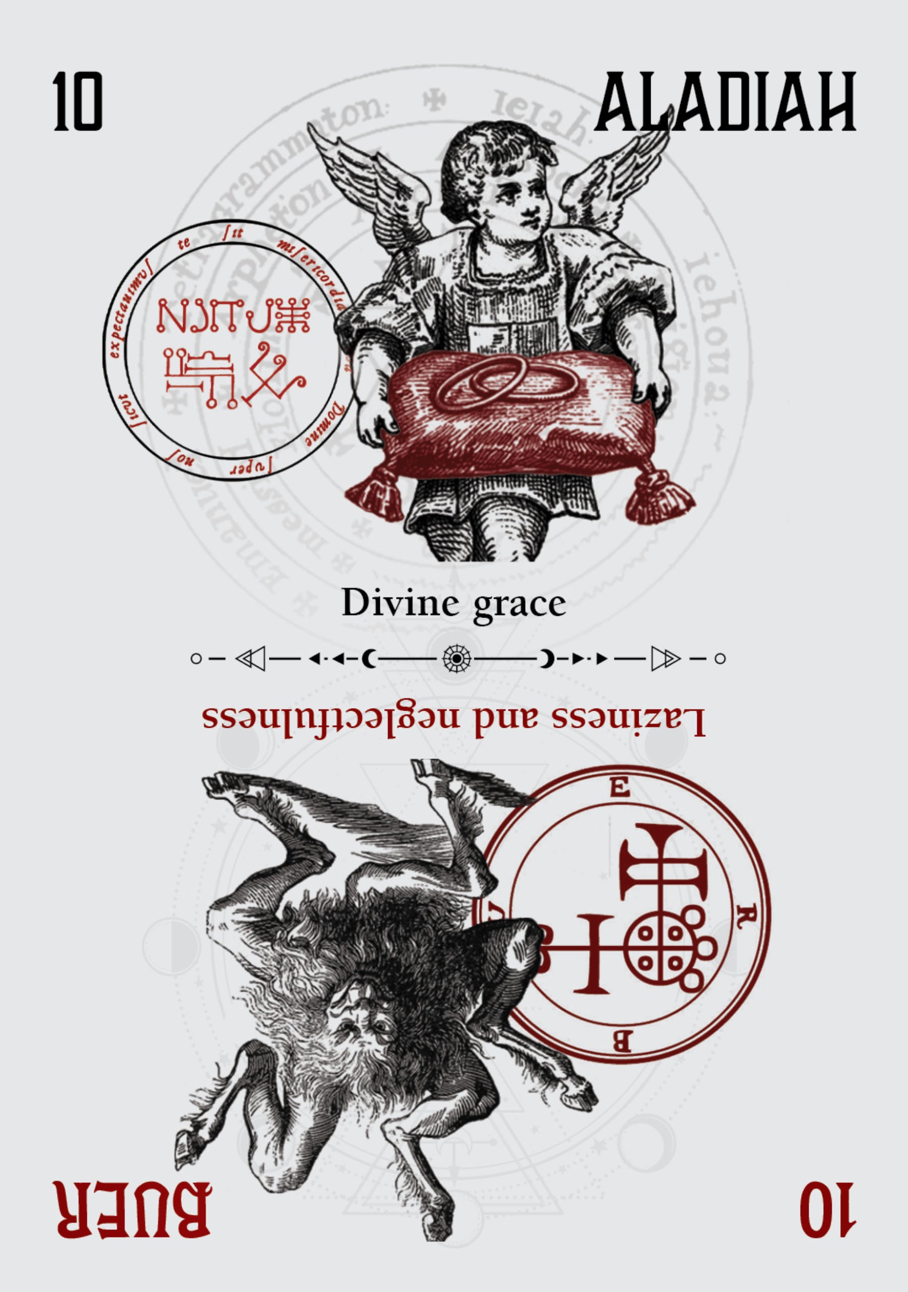 Card with angelic and demonic illustrations, symbols, and text on a white background