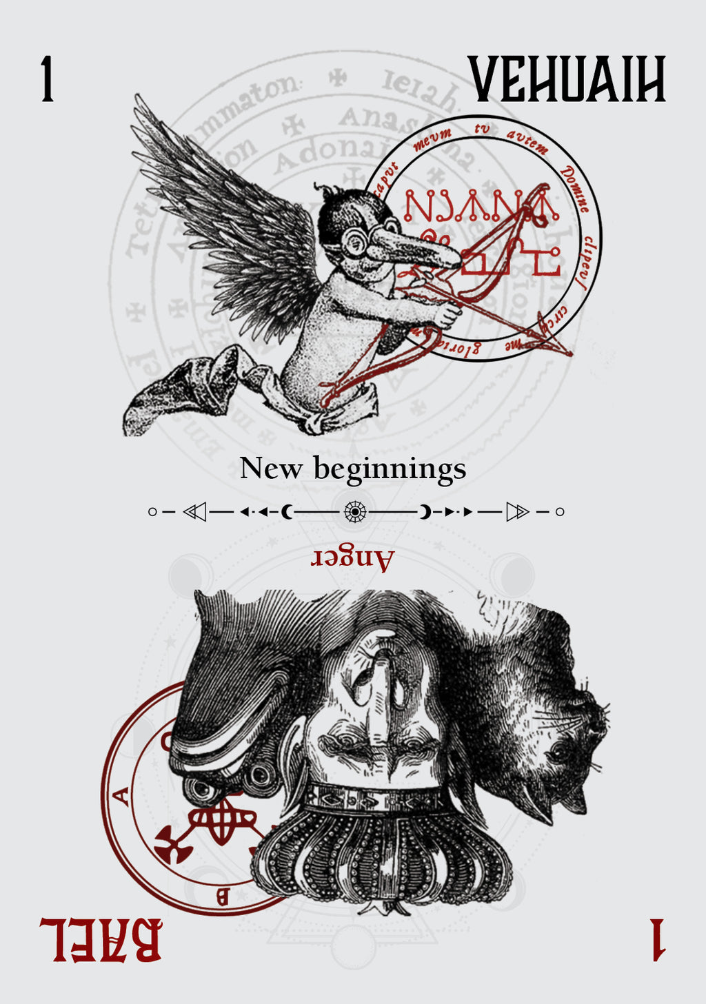 Illustration of a winged figure with an arrow and a helmet on a white background, featuring the text 'Vehuah' and 'New beginnings'.