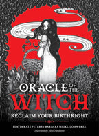 Book cover of 'Oracle of the Witch' with a red background and black and white illustration of a woman.