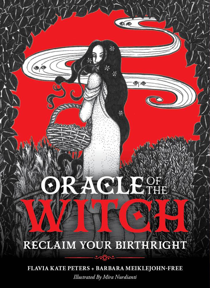 Book cover of 'Oracle of the Witch' with a red background and black and white illustration of a woman.
