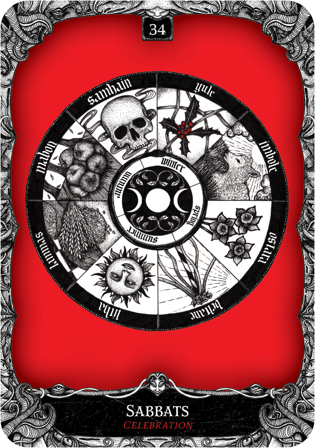 Card with a black and white design on a red background, featuring text and symbols.