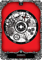 Card with a black and white design on a red background, featuring text and symbols.