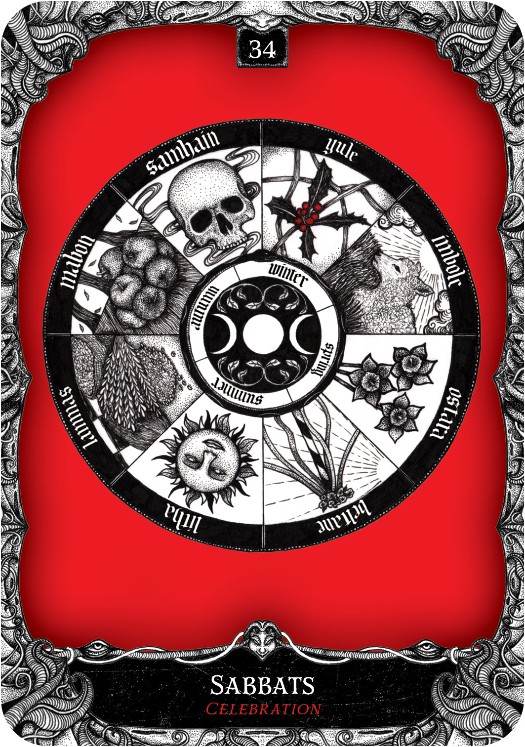 Card with a black and white design on a red background, featuring text and symbols.