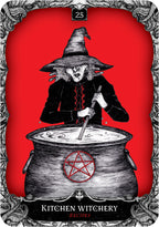 Tarot card with a witch stirring a cauldron on a red background