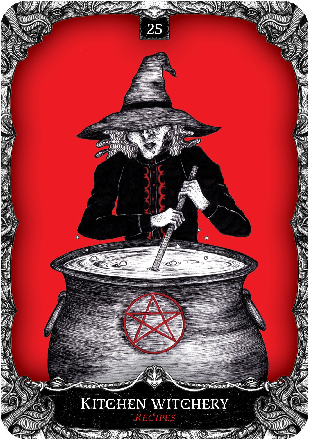 Tarot card with a witch stirring a cauldron on a red background