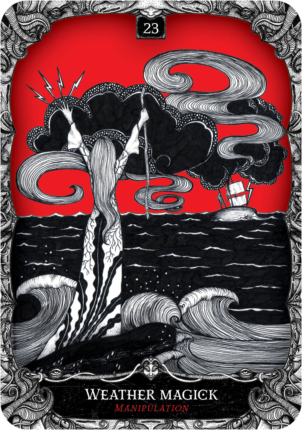 Tarot card with a central figure casting a spell over swirling waters, titled 'Weather Magick'.