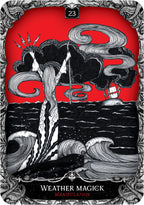 Tarot card with a central figure casting a spell over swirling waters, titled 'Weather Magick'.