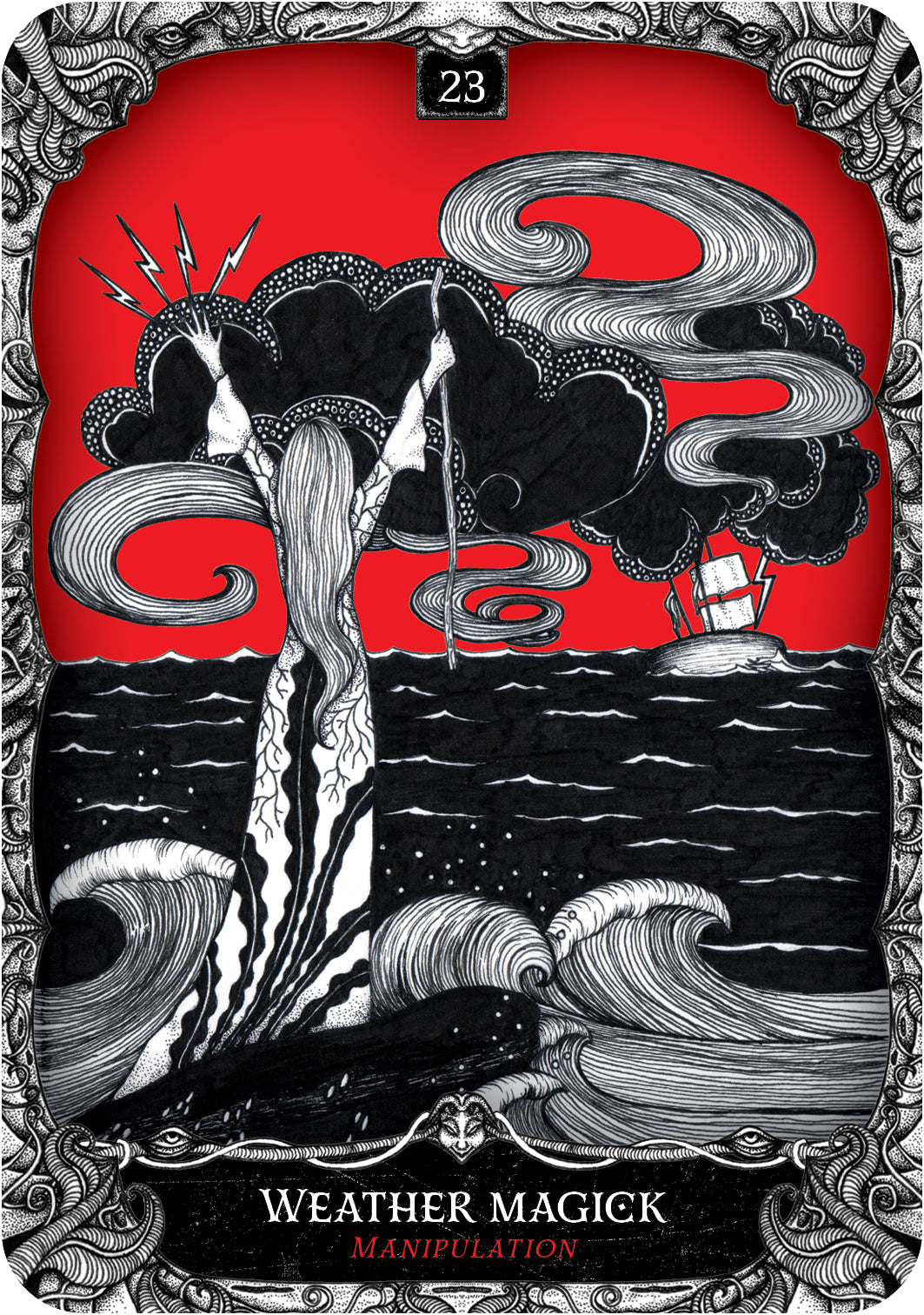 Tarot card with a central figure casting a spell over swirling waters, titled 'Weather Magick'.