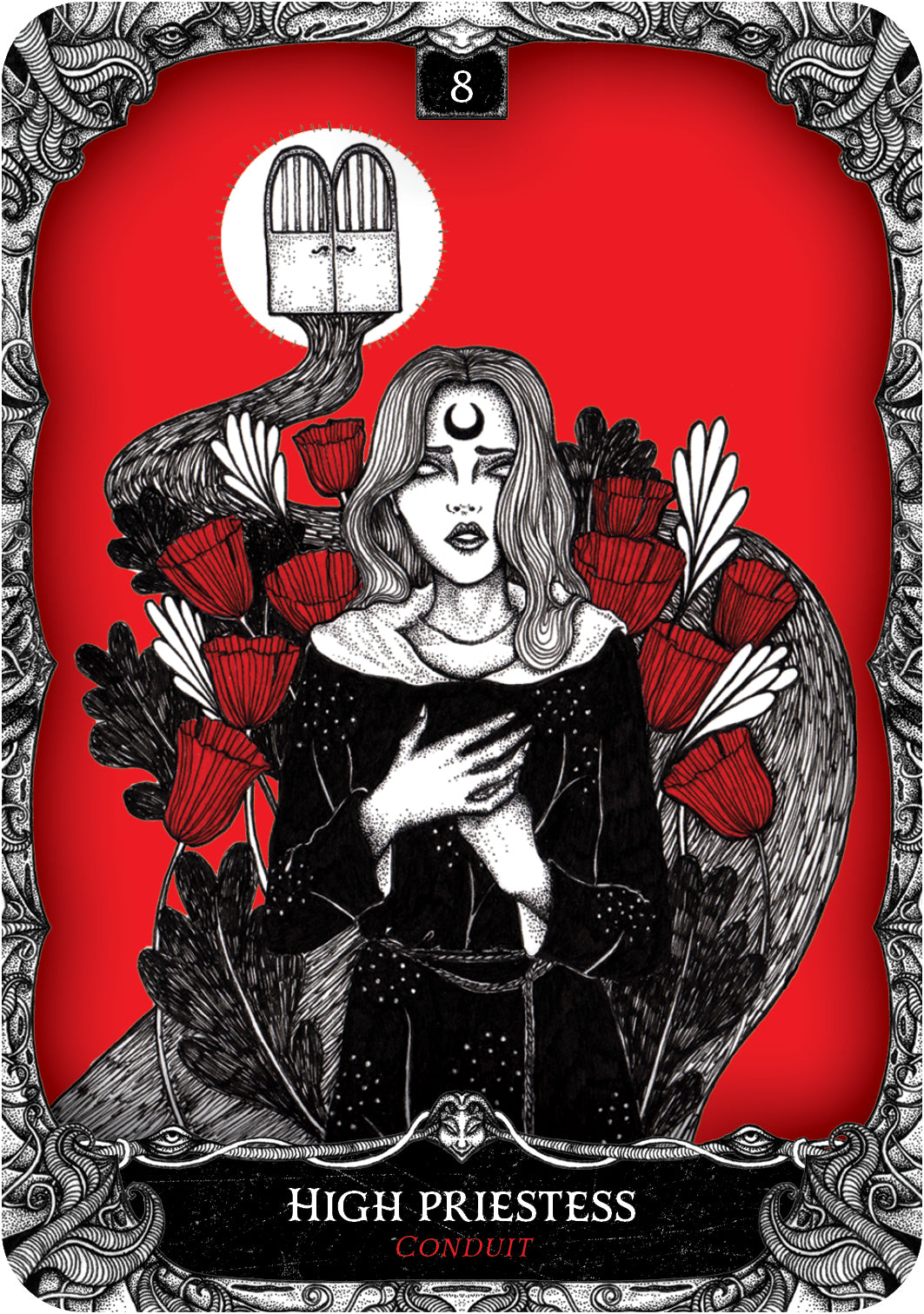 Tarot card featuring a high priestess with red background and intricate border