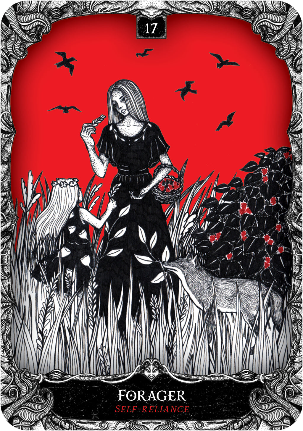 Tarot card featuring a black and white illustration of a woman, deer, and flowers with a red background and ornate border.
