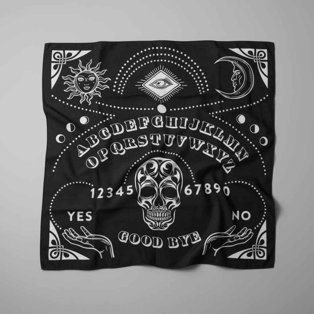 Ouija spirit board cloth mat on a gray background