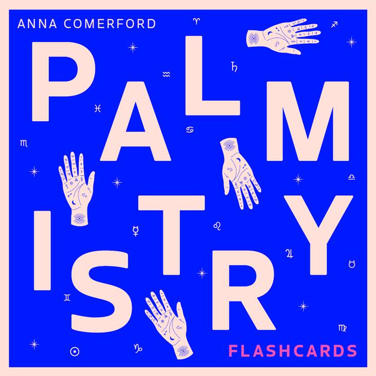 Book cover of 'Palmistry Flashcards' by Anna Comerford with palm illustrations and blue background