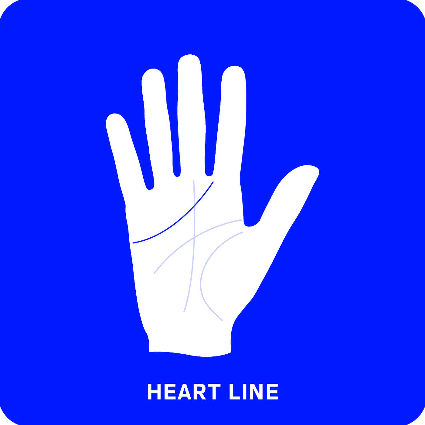 White hand with palm facing up on a blue background, labeled 'HEART LINE'.