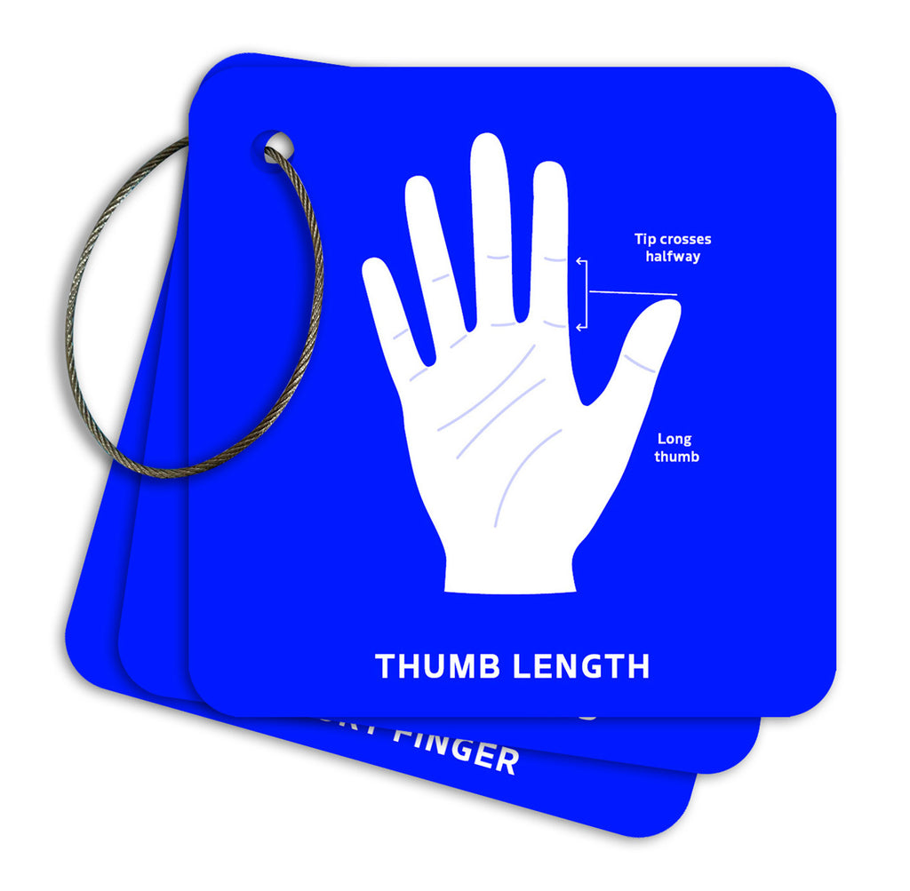 Blue plastic ruler with white hand illustration and measurement text on a white background