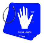 Blue plastic ruler with white hand illustration and measurement text on a white background