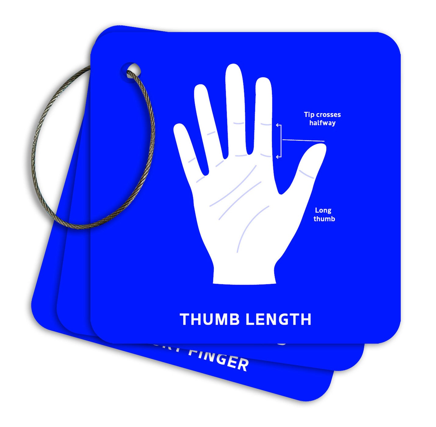 Blue plastic ruler with white hand illustration and measurement text on a white background