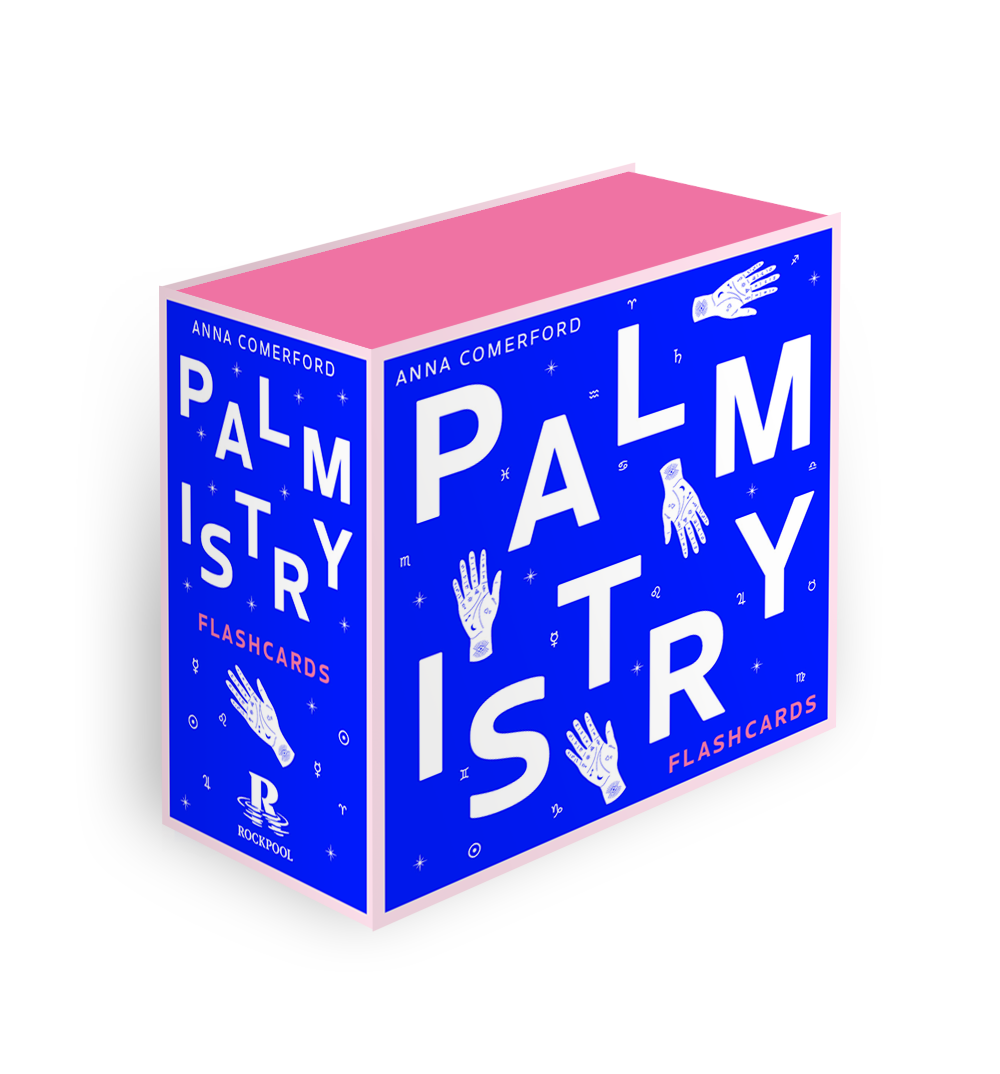 Palmistry flashcards packaging with blue and pink design