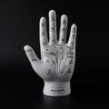White palmistry hand model with astrological symbols on a black background