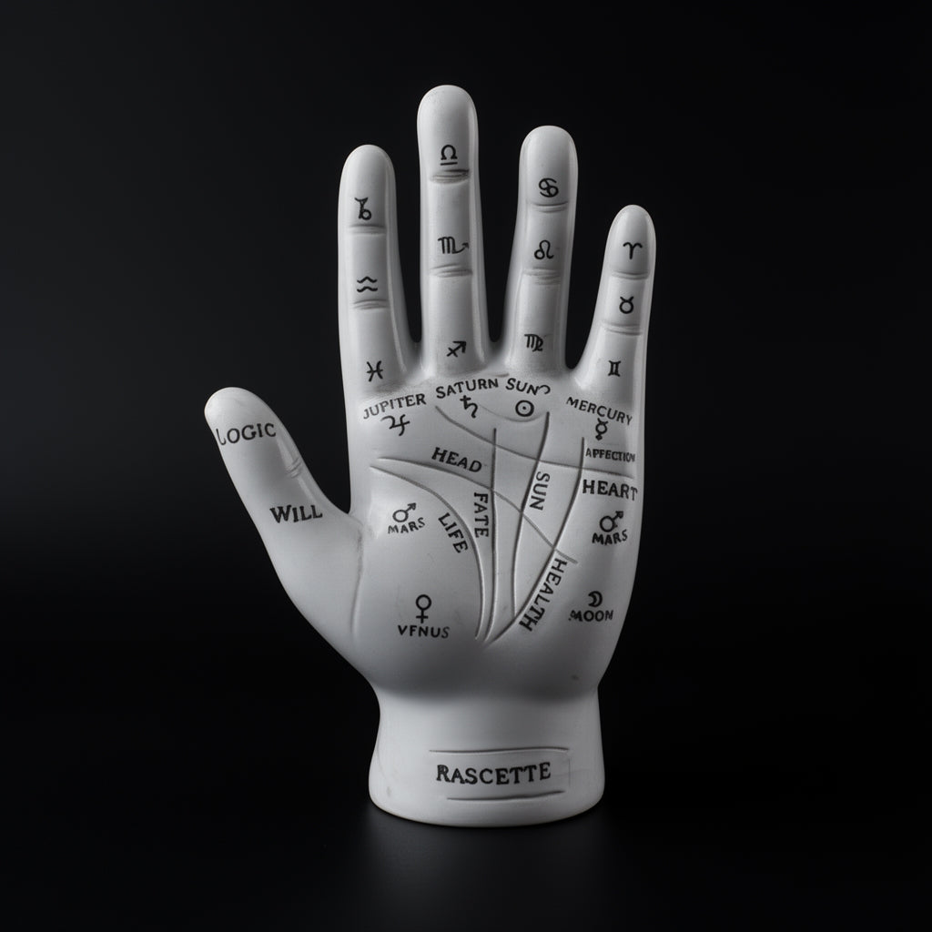 White palmistry hand model with astrological symbols on a black background