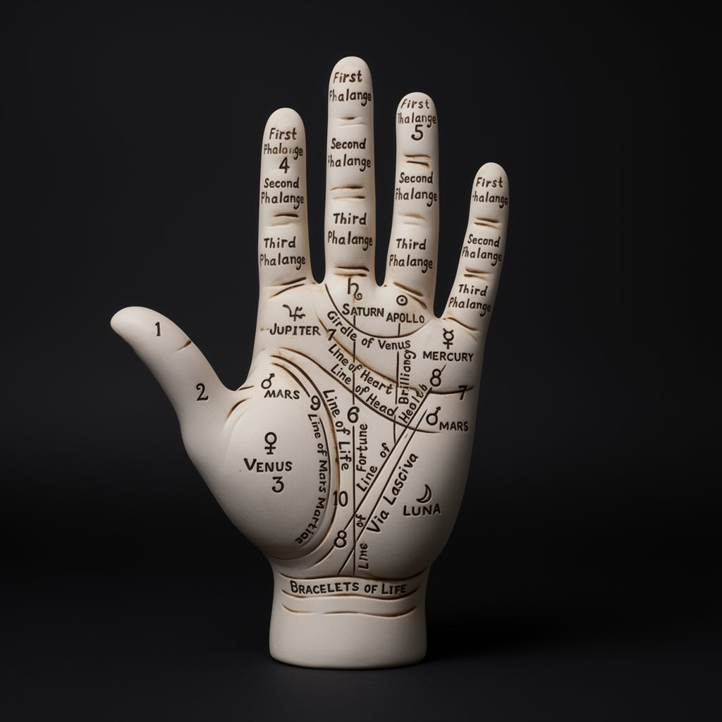 Palmistry hand model with labeled palm and fingers on a black background