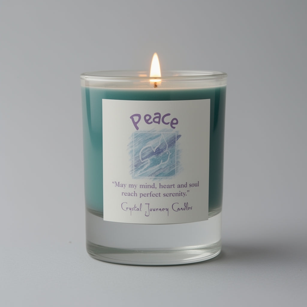 Candle in a glass jar with a 'Peace' label on a gray background