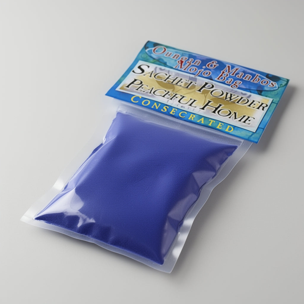 Blue sachet powder in a clear package with a colorful label on a gray background