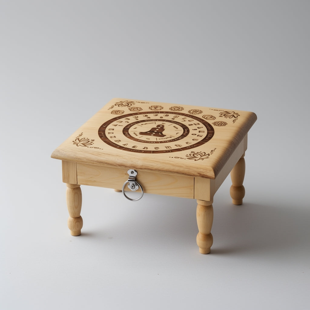 Wooden table with engraved design on a gray background