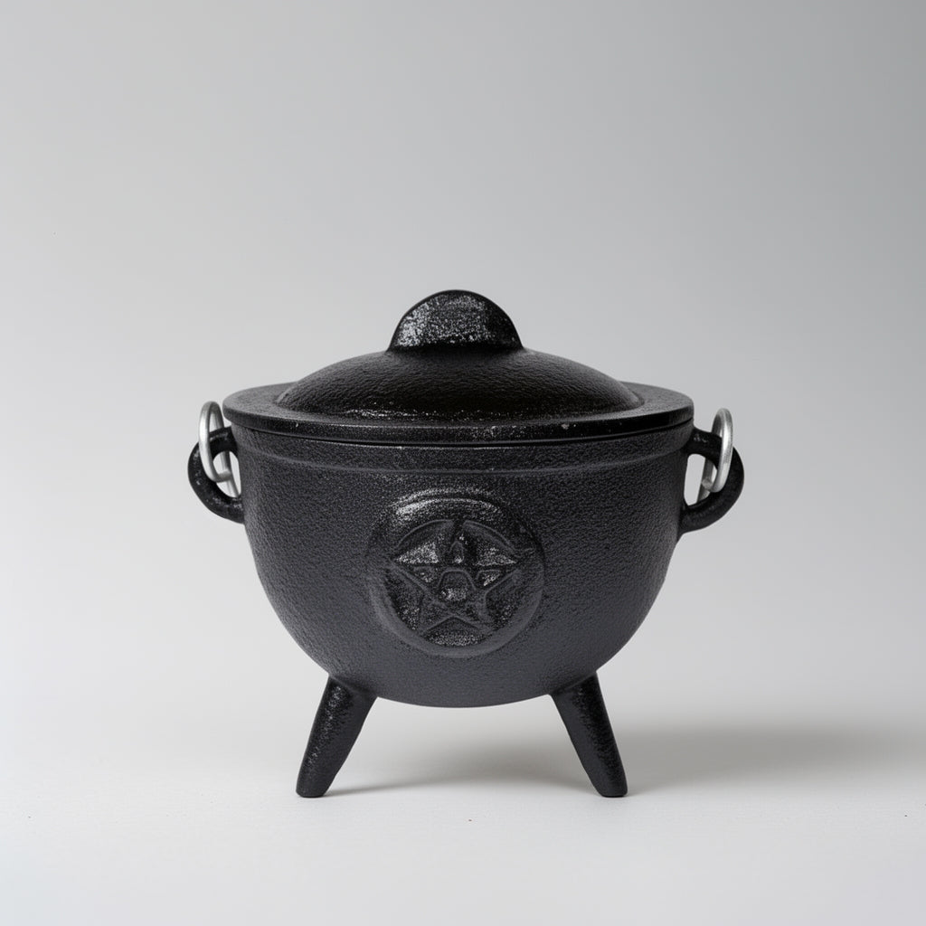 Black cast iron cauldron with lid on a white background