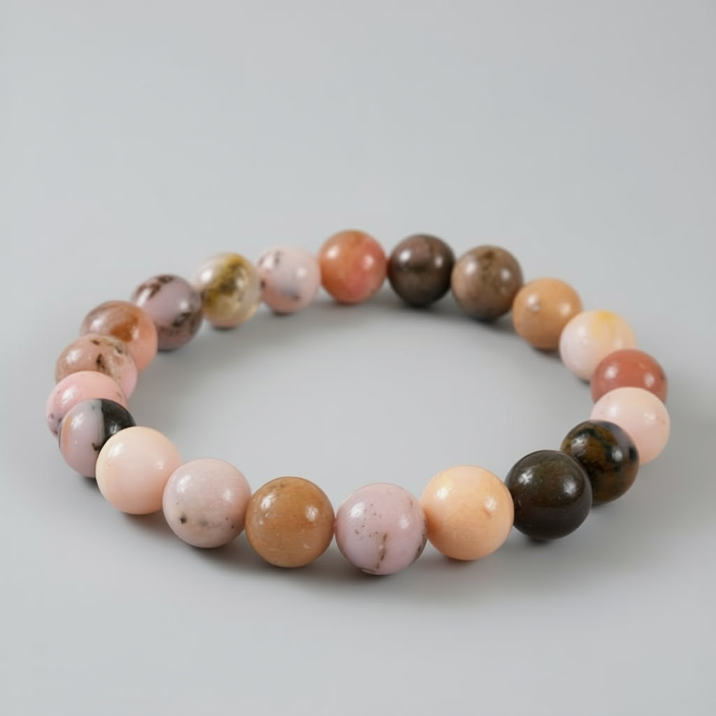 Multicolored beaded bracelet on a light gray background