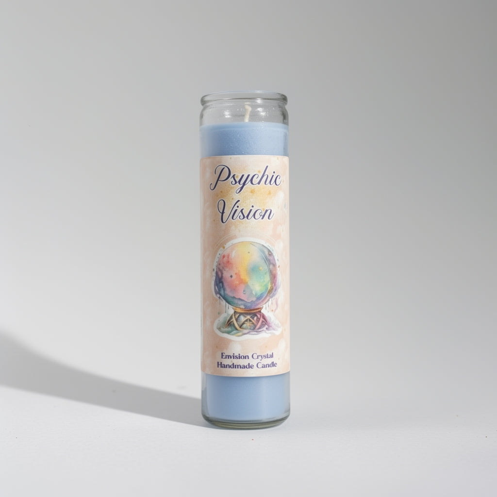 Candle with 'Psychic Vision' label and crystal ball illustration on a gray background