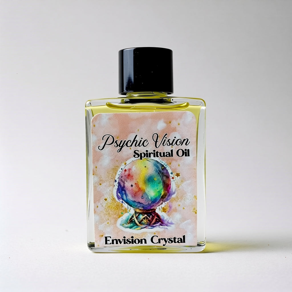 Bottle of Psychic Vision Spiritual Oil with a colorful label on a white background