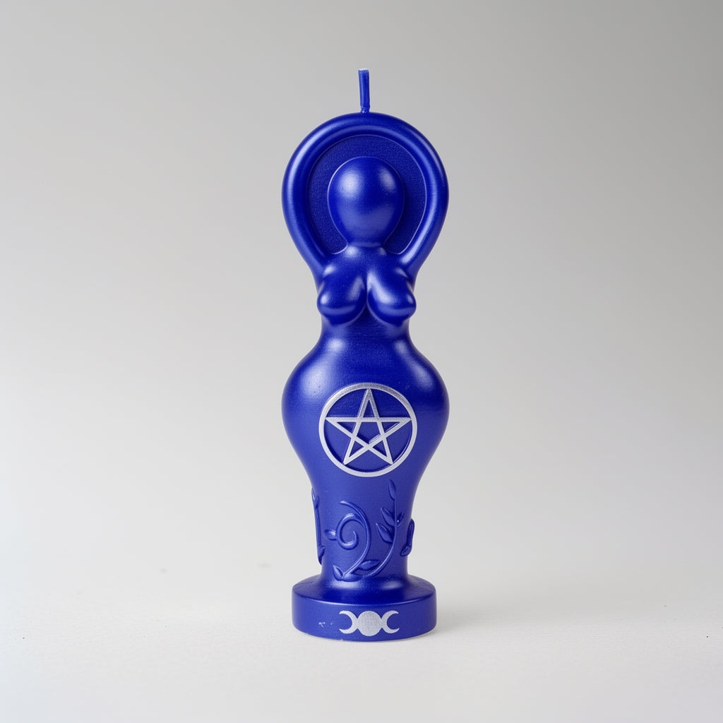 Purple candle with pentagram design on a gray background