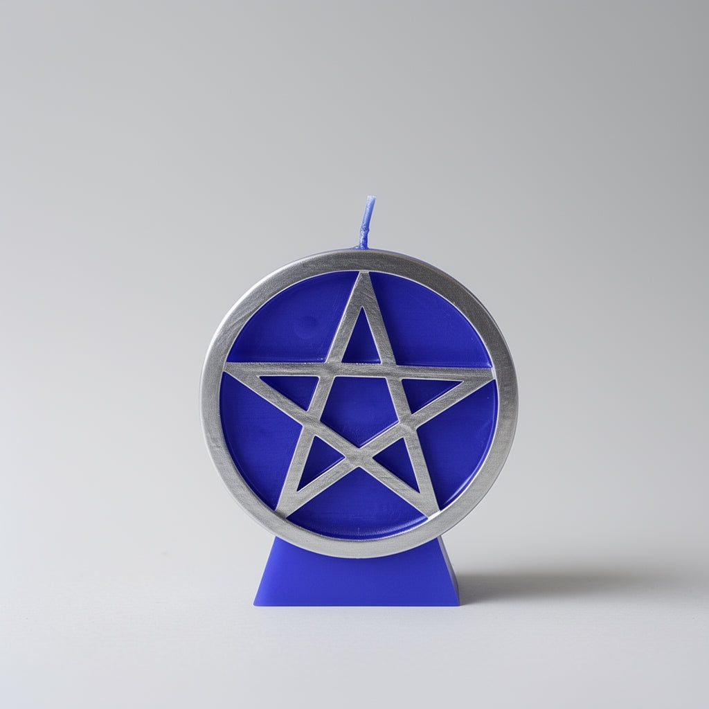 Blue candle with a silver pentagram design on a gray background
