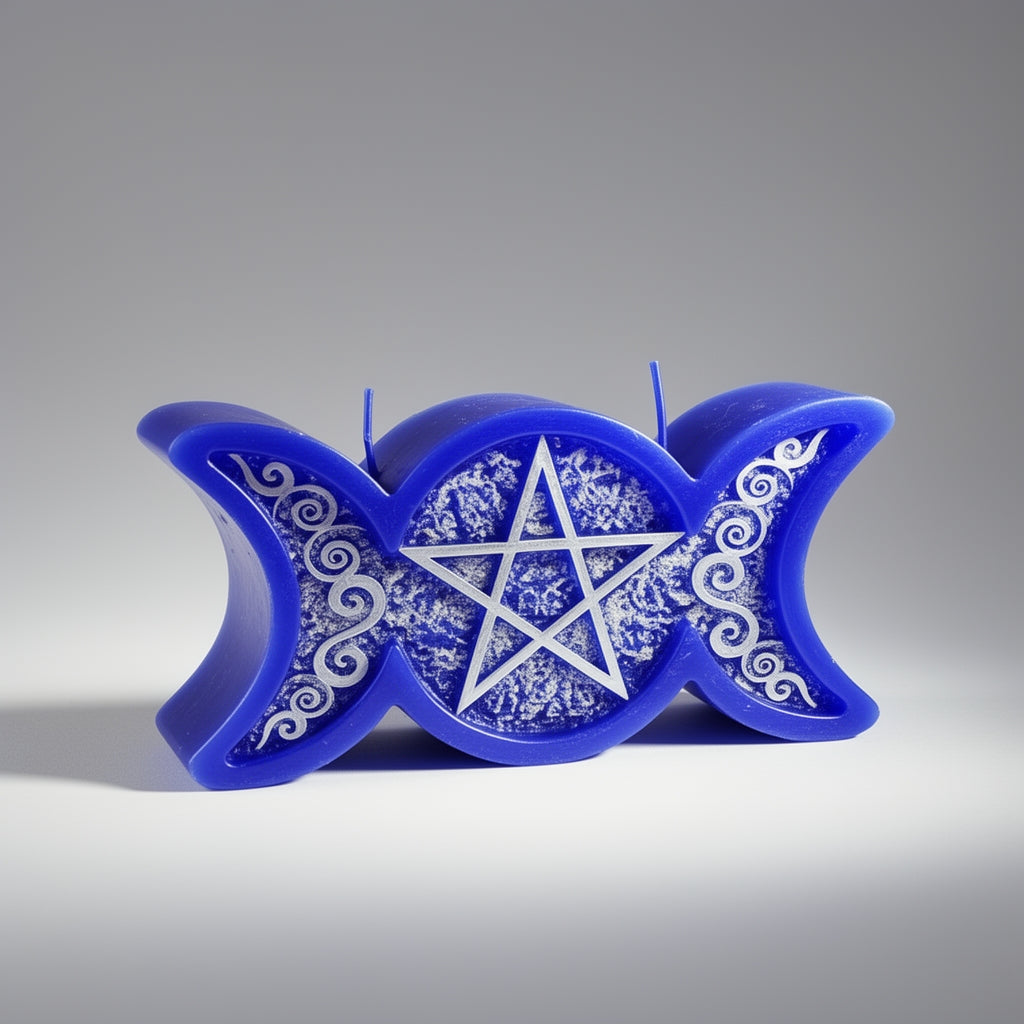 Purple candle with pentagram design on a gray background