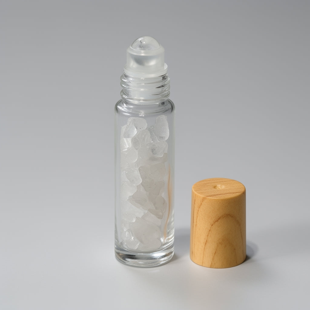Clear glass roller bottle with wooden cap on a gray background