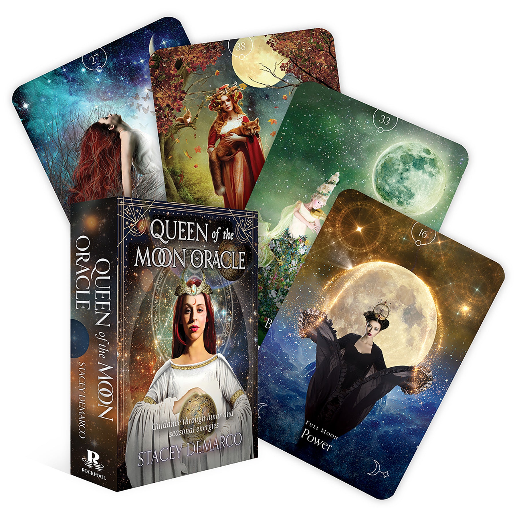Queen of the Moon Oracle cards with a book titled 'Queen of the Moon Oracle' by Stacy Devaro.