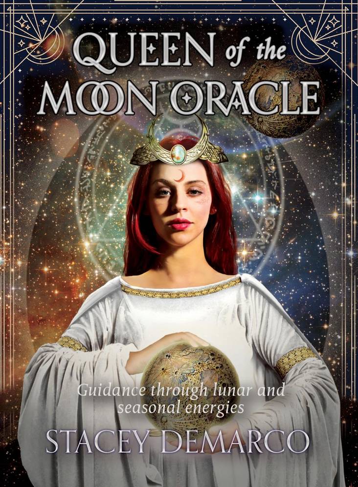 Book cover of 'Queen of the Moon Oracle' with a woman in regal attire against a cosmic background.