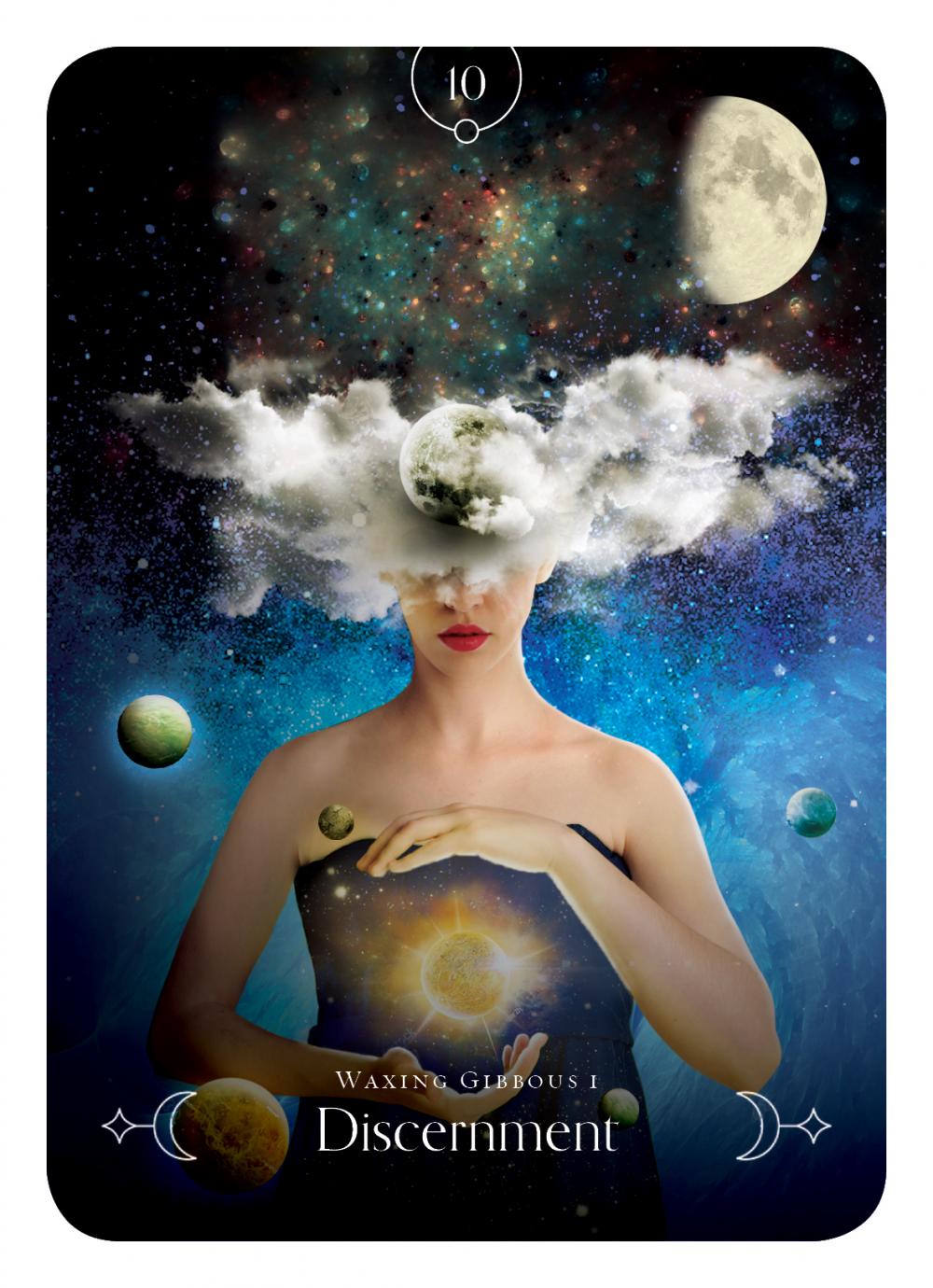 Tarot card with a woman, clouds, and celestial elements against a starry night sky.
