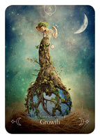 Artistic depiction of a woman with a tree-like dress against a night sky with a moon.