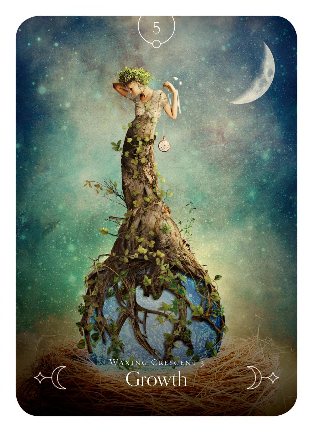 Artistic depiction of a woman with a tree-like dress against a night sky with a moon.