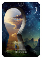 Tarot card with a landscape and book design, featuring the word 'Realisation'.